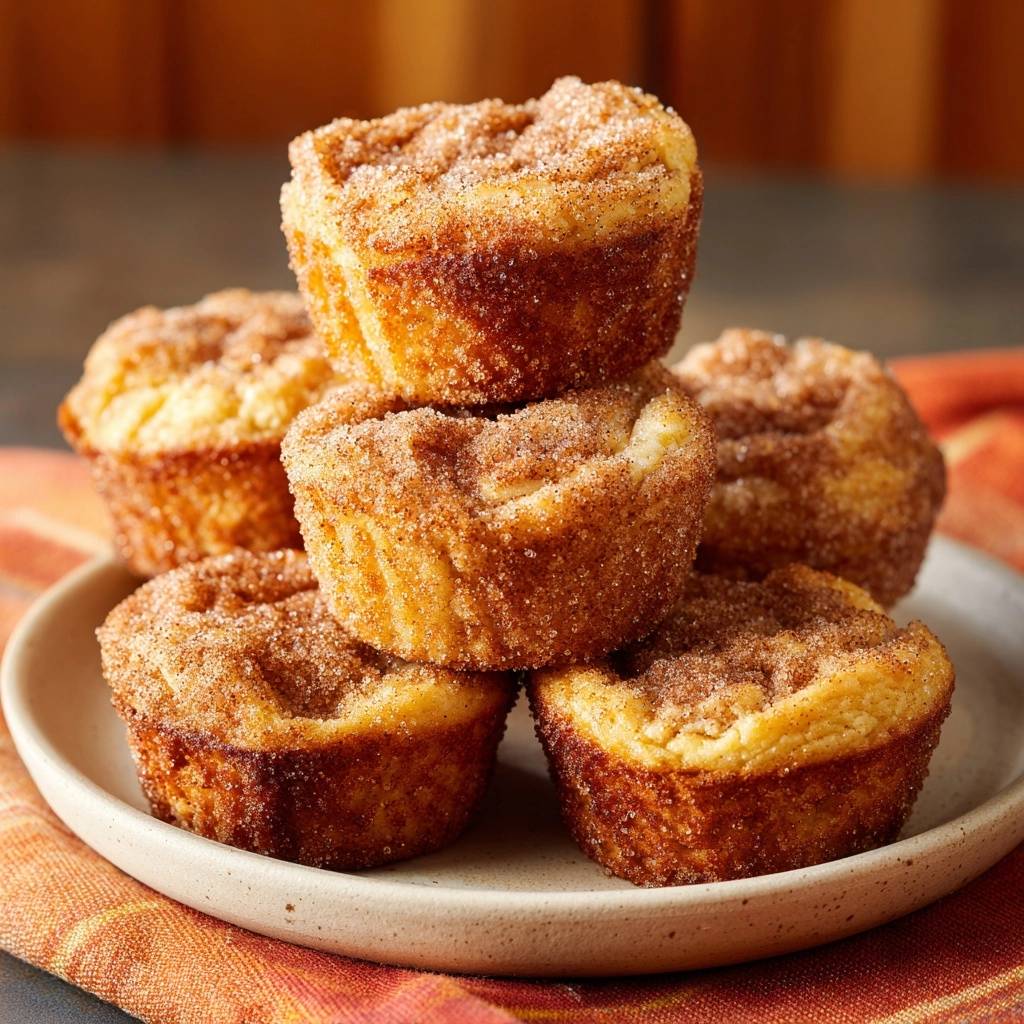 Zimtzucker-Muffins, gestapelt auf einem Teller und mit einer Zuckerguss-Schicht überzogen, die frisch gebacken aussehen.