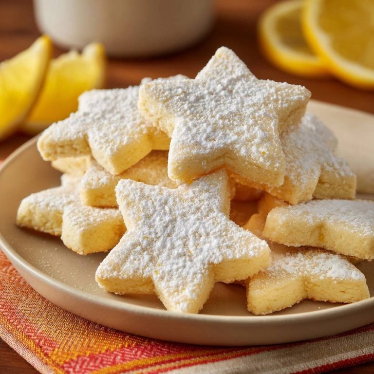 Zitronenstern-Plätzchen nahaufnahme, bestäubt mit Puderzucker auf einem Teller mit Zitronenscheiben im Hintergrund
