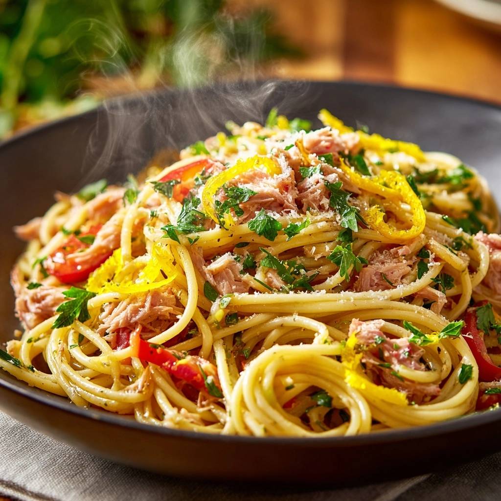 Zitronig Thunfisch Spaghetti Dampf Nahaufnahme 1 Zitronig-frische Thunfisch-Spaghetti mit Dampf, garniert mit Petersilie und Zitronenzesten, nahaufnahme.