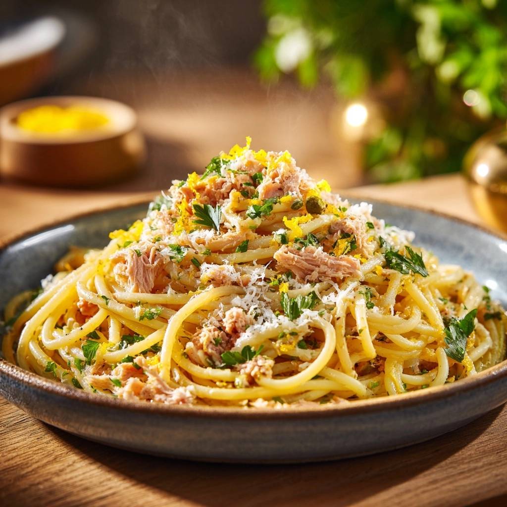Zitronig-frische Thunfisch-Spaghetti mit Kräutern und Zitrone, garniert mit zerrupftem Thunfisch und Parmesankäse.