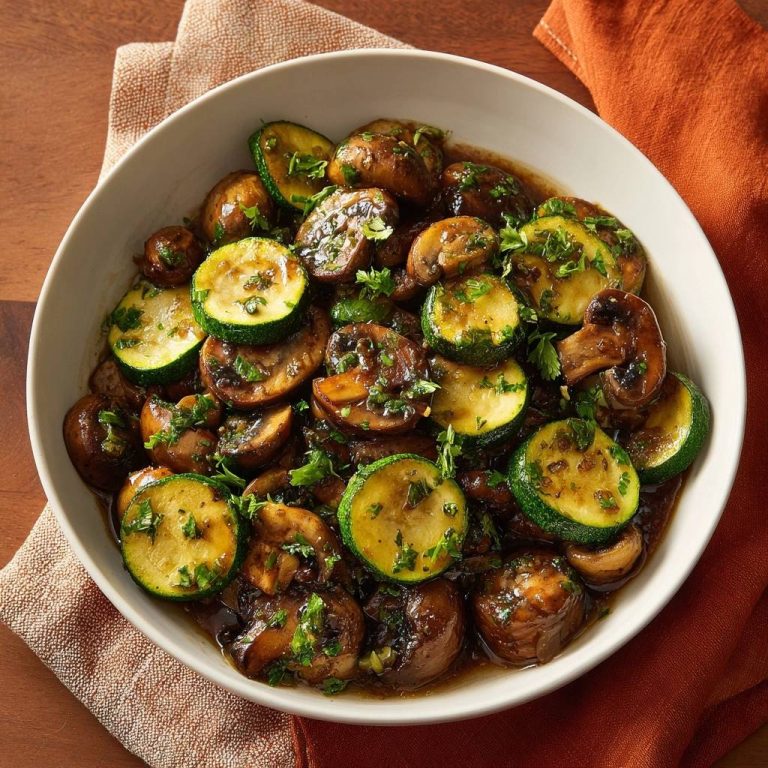 Knackige Zucchini-Champignon-Pfanne als Nahaufnahme mit frischer Petersilie garniert, serviert in einer weißen Schüssel.