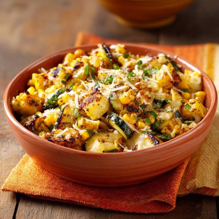Knuspriger Zucchini-Mais aus der Pfanne, garniert mit geriebenem Käse und frischen Kräutern in einer Tonschale.