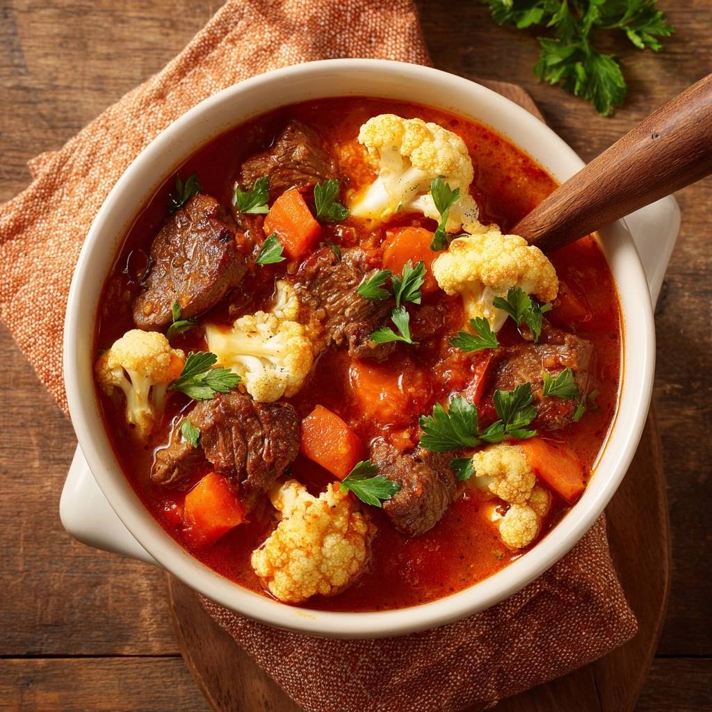 Herzhafter Rindfleisch-Eintopf mit Blumenkohl