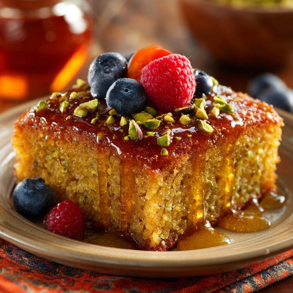 Pistazien-Sirupkuchen mit Beeren