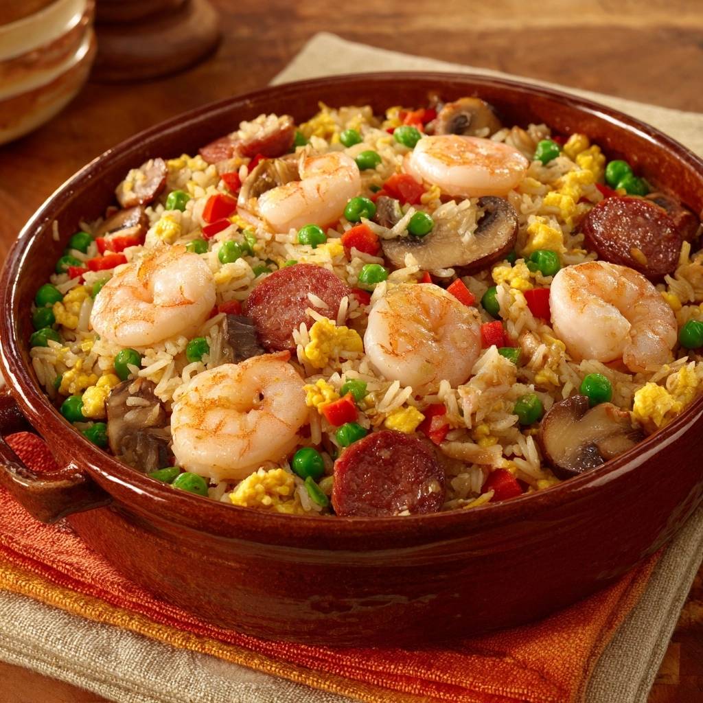 Bunte Reispfanne mit Garnelen und Rinder-Chorizo