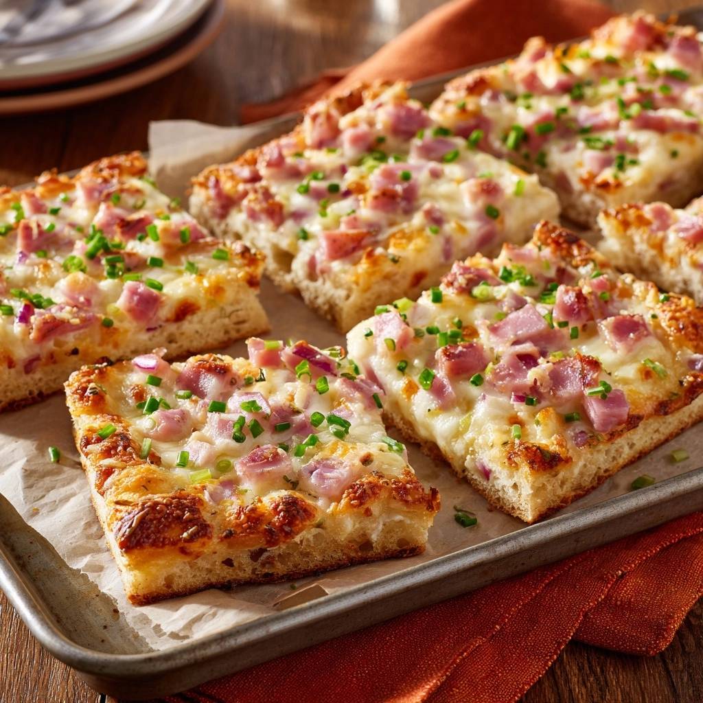 Knuspriger Schinken-Zwiebel-Käse-Fladen (Nie wieder matschiger Boden!)