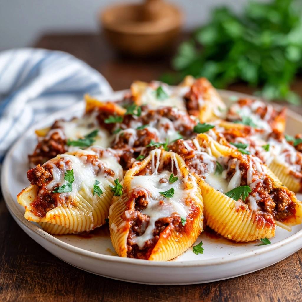 Gefüllte Muschelnudeln mit Hackfleischragout