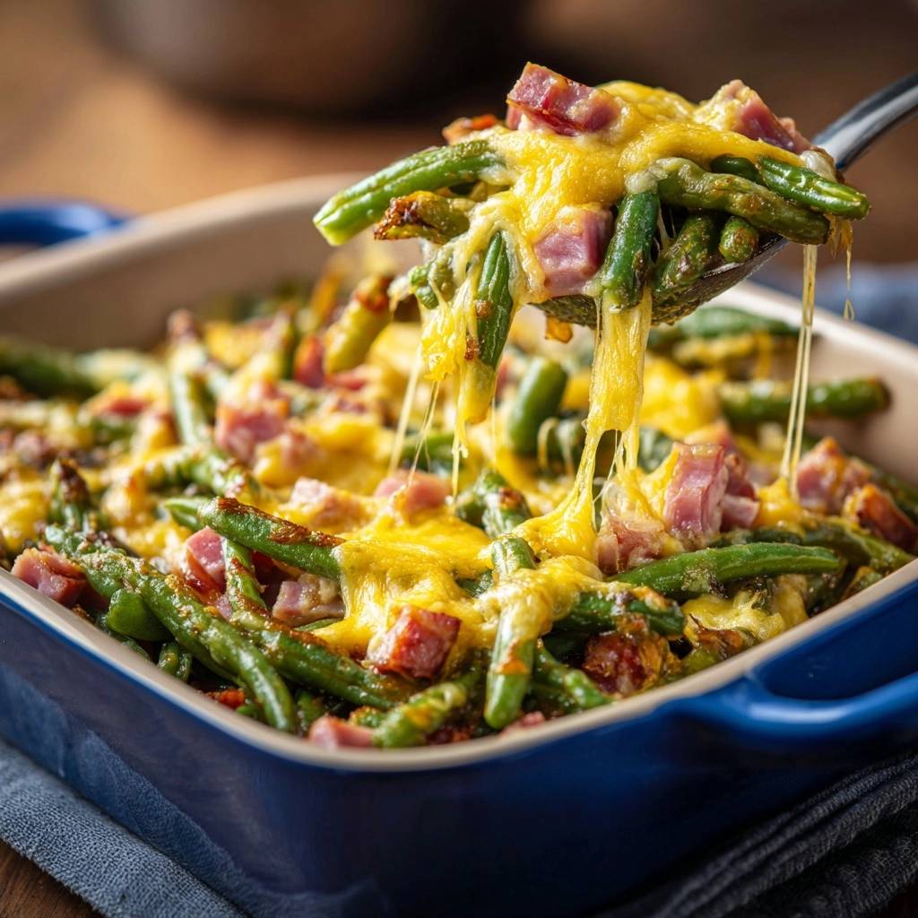 Knackiger Bohnen-Auflauf mit Speck und Käse