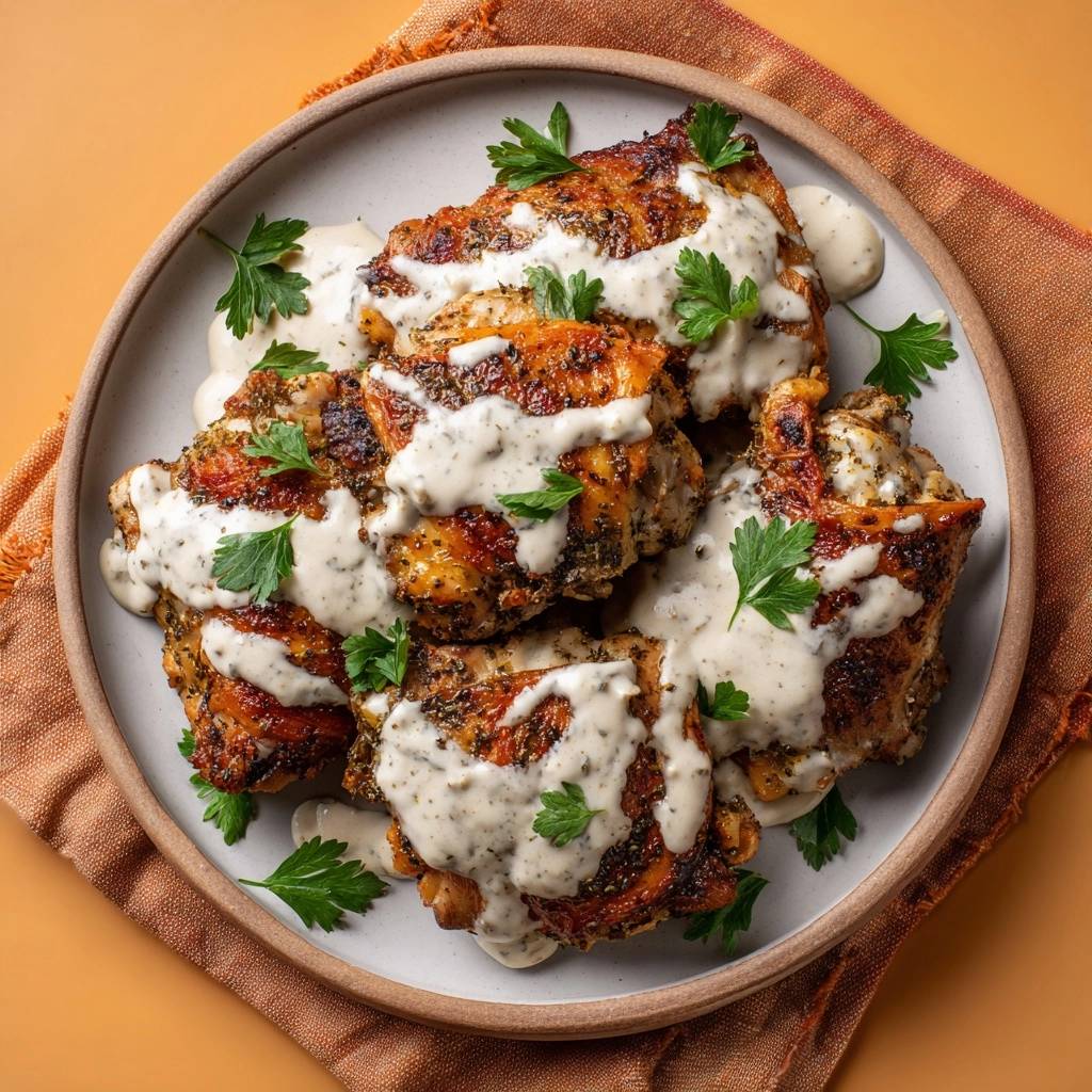 Knusprige Gewürz-Hähnchenschenkel mit Joghurt-Kräuter-Soße