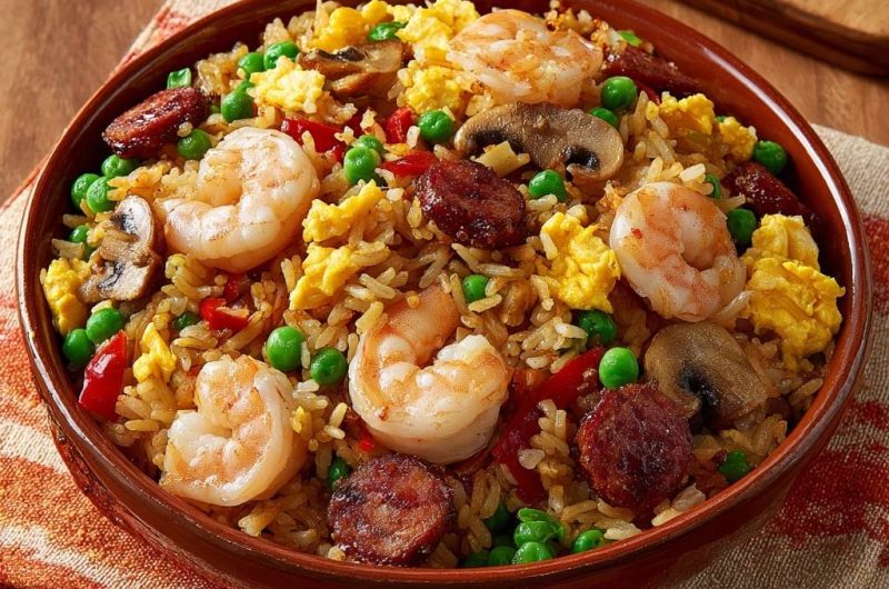 Bunte Reispfanne mit Garnelen und Rinder-Chorizo