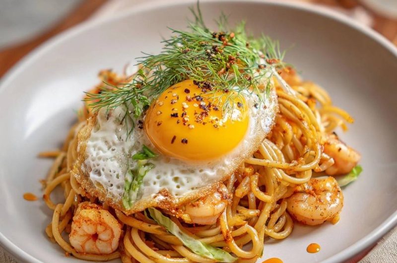 Chili-Garnelen-Pasta mit Knusper-Ei