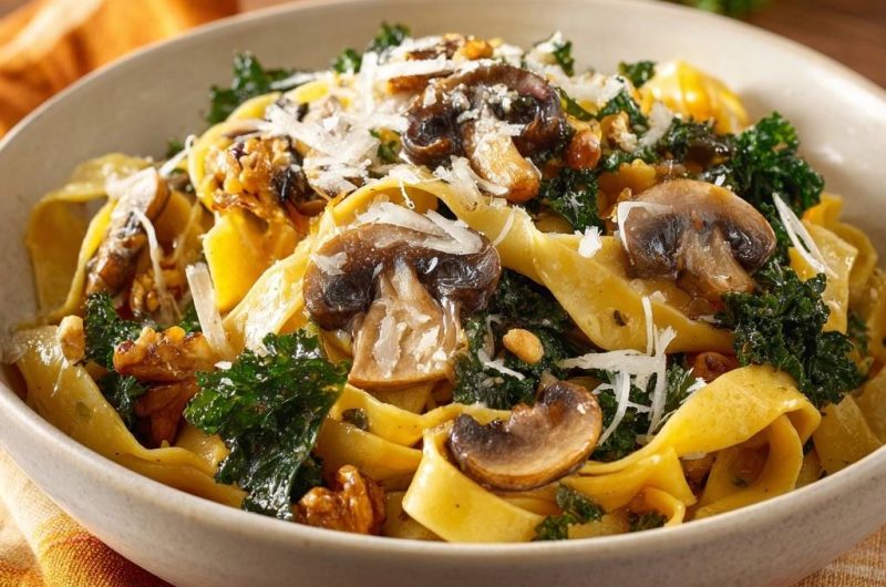 Cremige Pilz-Tagliatelle mit Grünkohl