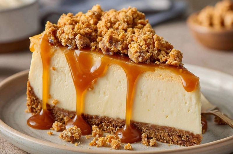 Cremiger Karamell-Cheesecake mit Knusperstreuseln