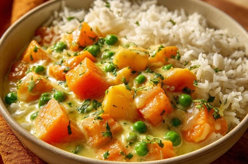 Cremiges Kürbis-Erbsen-Curry mit Reis