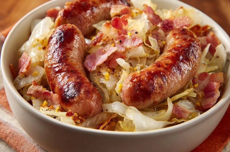 Deftige Bratwurstpfanne auf Schmorkohl