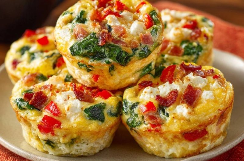 Fluffige Speck-Spinat-Paprika-Feta-Ei-Muffins