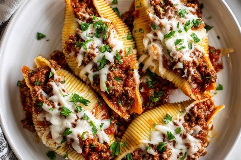 Gefüllte Muschelnudeln mit Hackfleischragout