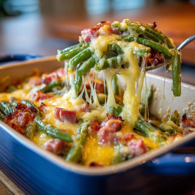 Knackiger Bohnen-Auflauf mit Speck und Käse