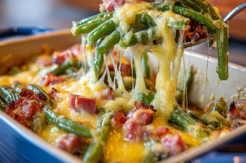 Knackiger Bohnen-Auflauf mit Speck und Käse