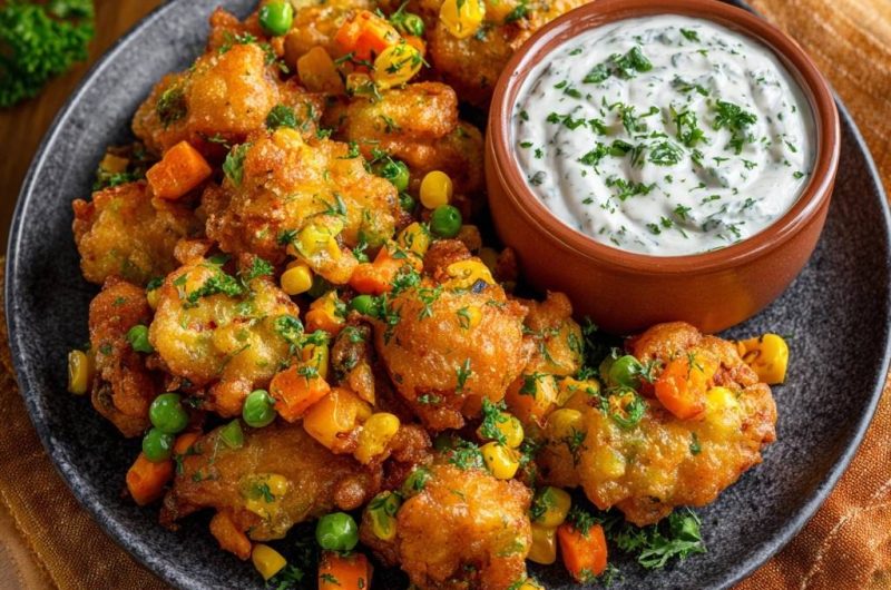 Knusprige Gemüse-Pakoras mit Kräuter-Dip