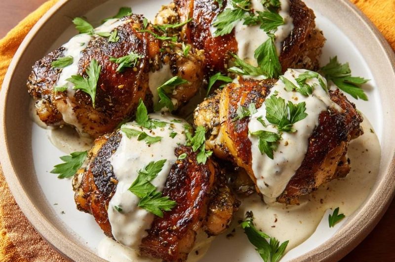 Knusprige Gewürz-Hähnchenschenkel mit Joghurt-Kräuter-Soße