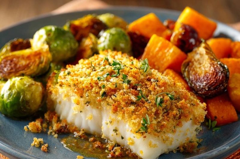 Knuspriger Kräuterfisch mit Rosenkohl und Süßkartoffeln