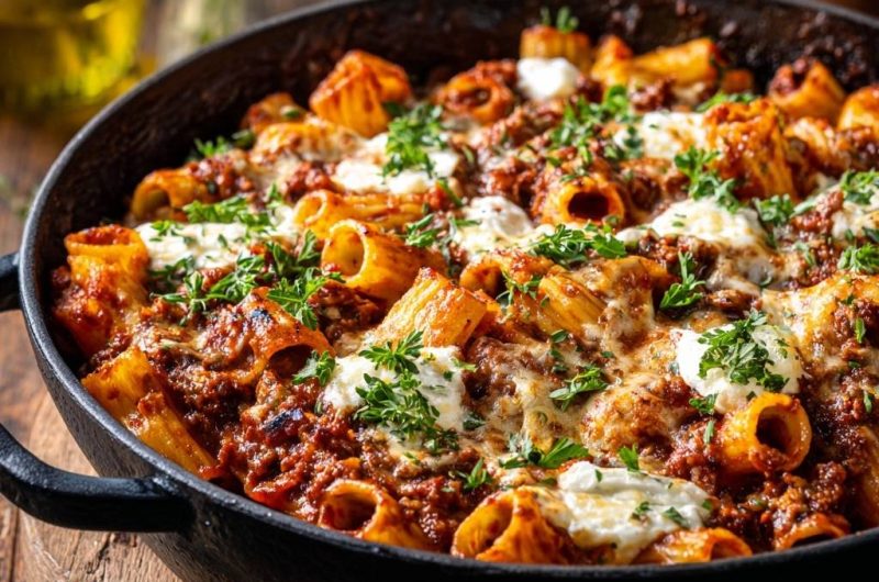 Knuspriger Rigatoni-Auflauf mit Hackfleisch