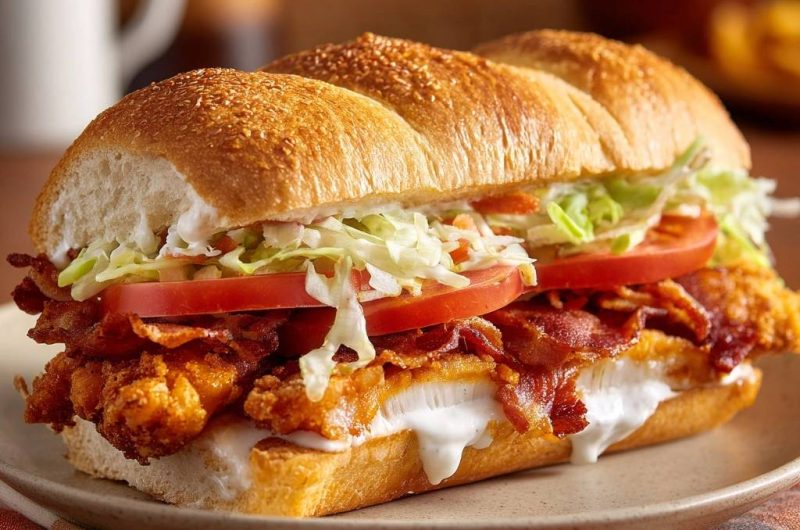 Knuspriges Hähnchen-Bacon-Sandwich mit Coleslaw