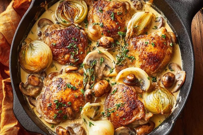 Knuspriges Hähnchen mit Champignons und Schalotten in Sahnesauce