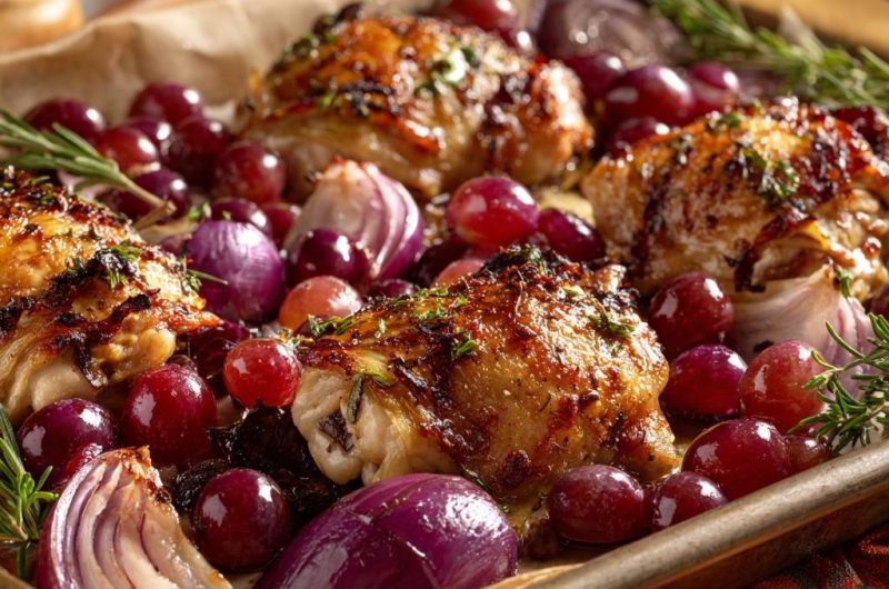 Knuspriges Ofenhähnchen mit Trauben und Rosmarin