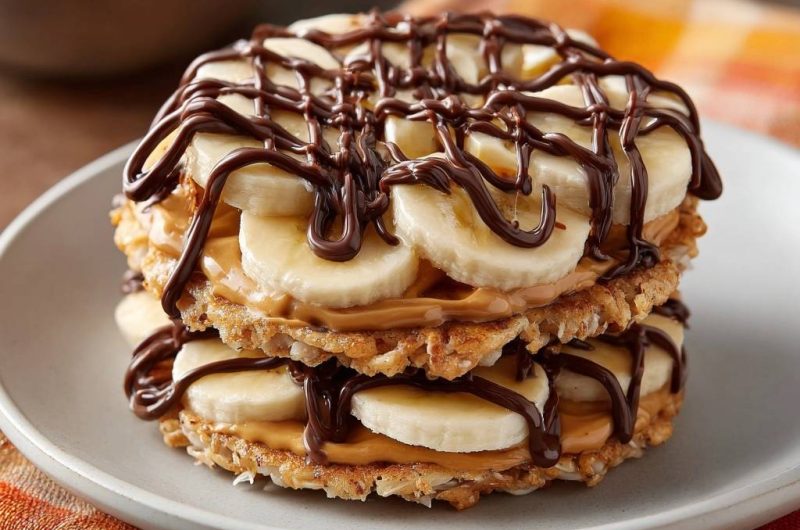 Kokos-Erdnussbutter-Bananen-Stacks mit Schoko