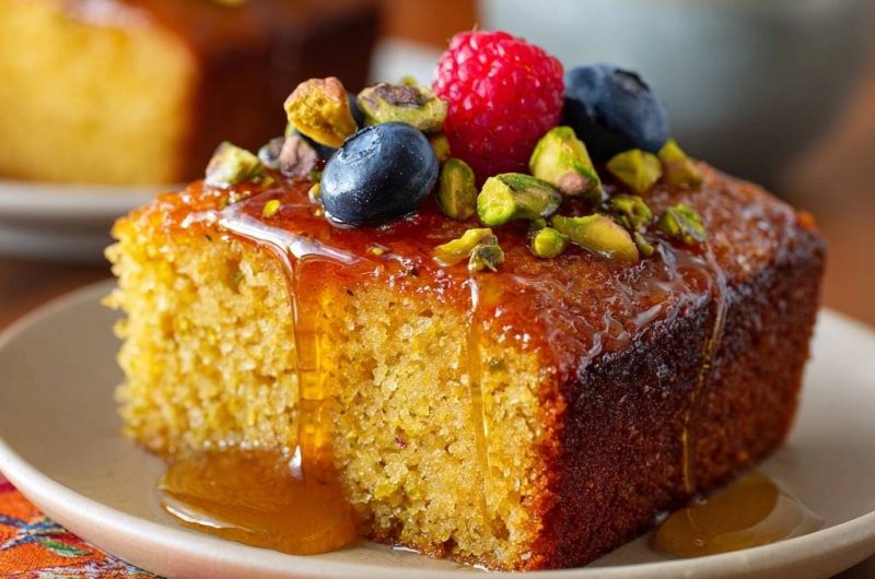 Pistazien-Sirupkuchen mit Beeren