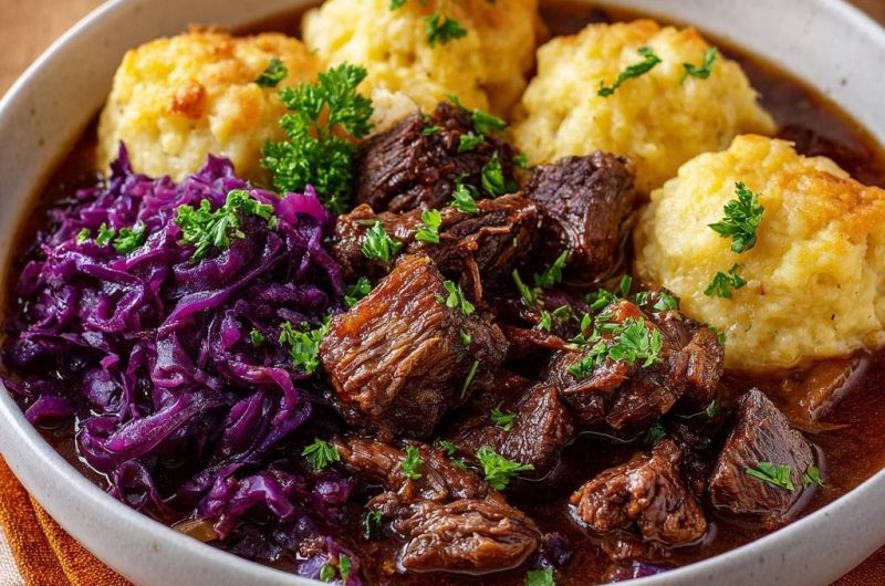 Rindergulasch mit Rotkohl und Semmelknödeln (Nie wieder zerfallende Knödel!)