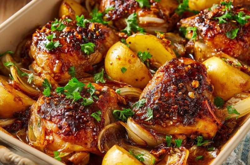 Saftige Ofenhähnchenkeulen mit Kartoffeln & Zwiebeln