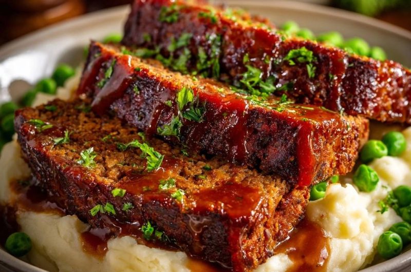 Saftiger Hackbraten mit Kartoffelpüree und Erbsen
