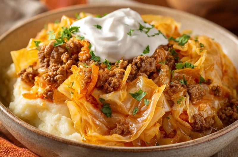 Saftiges Hack-Kraut-Gulasch mit Kartoffelpüree