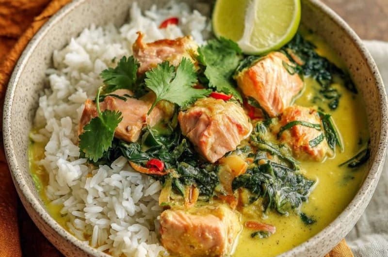 Saftiges Lachs-Spinat-Curry mit Reis