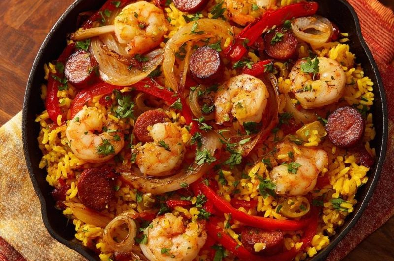 Würzige Garnelen-Pfanne mit Reis