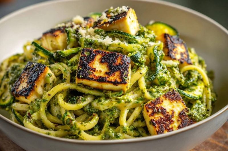 Zucchini-Nudeln mit Pesto und gegrilltem Halloumi