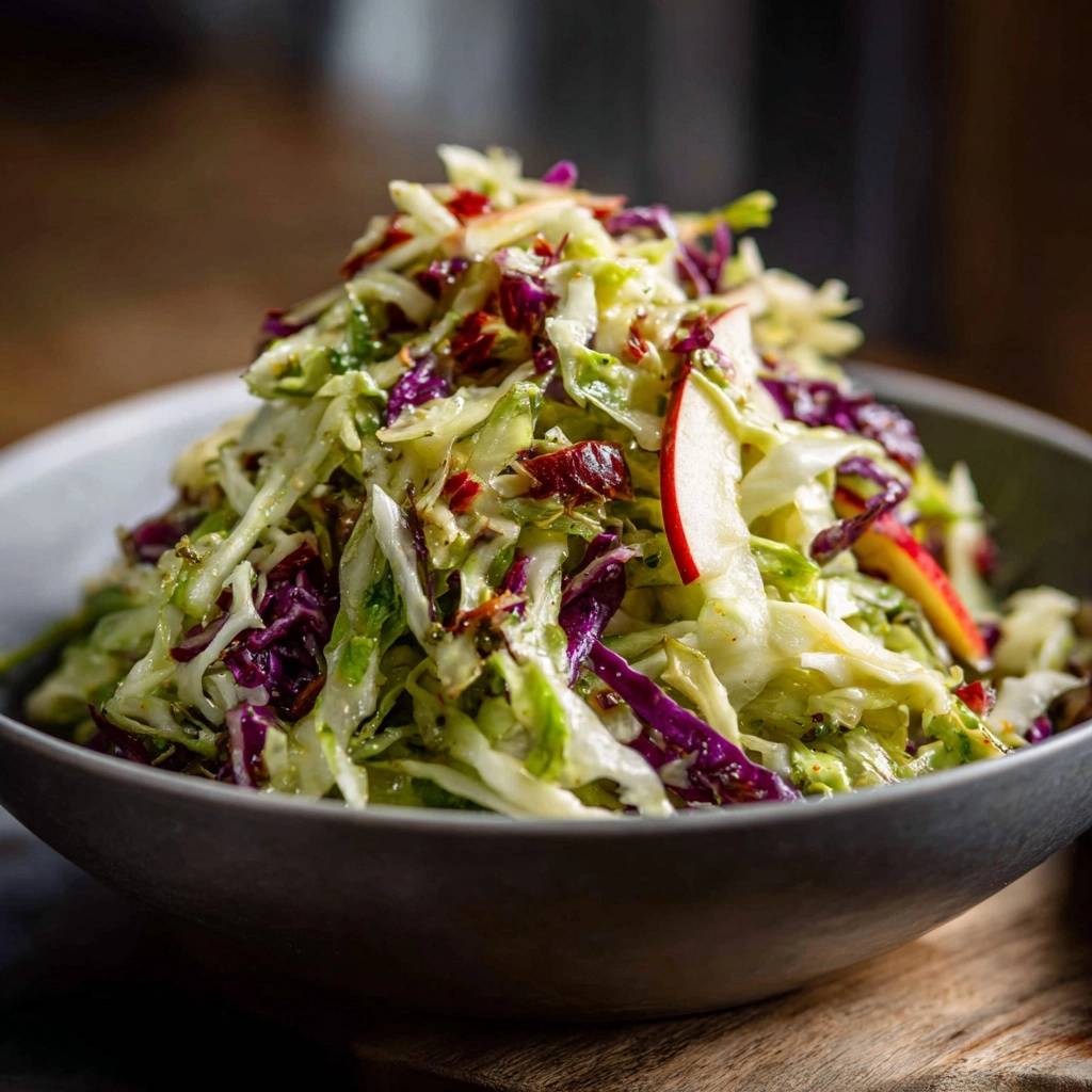 Knackiger Apfel-Rotkohl-Salat in einer Schüssel, Nahaufnahme mit sichtbaren Apfelstücken und Rotkohlstreifen.