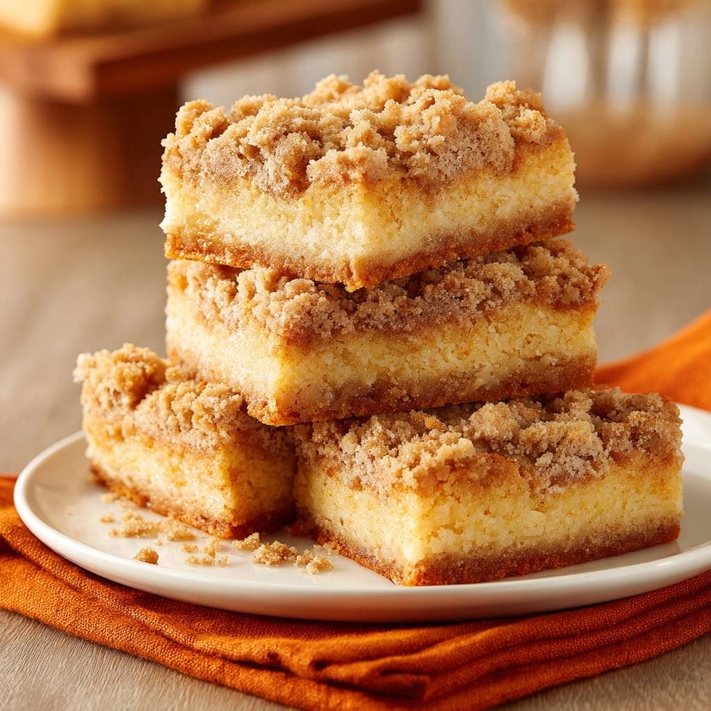 Apfel Streusel Kasebars Stapel Nahaufnahme 1 Apfel-Streusel-Käsebars als Stapel auf einem Teller, nahaufnahme der saftigen Krume und Streusel