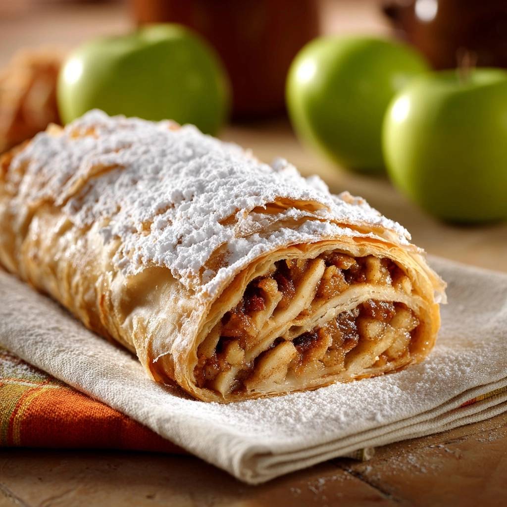 Apfelstrudel Querschnitt Bestaeubt 1 Apfelstrudel im Querschnitt, bestäubt mit Puderzucker, zeigt die Schichten des Teigs und die Apfelfüllung.