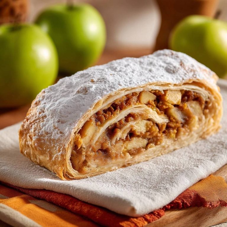 Apfelstrudel mit Puderzucker, im Querschnitt mit sichtbarer Apfelfüllung und Teigschichten.