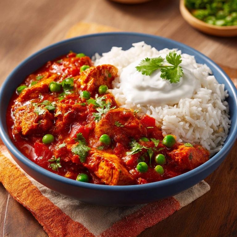 Aromatisches Hähnchen-Curry mit Erbsen, nahaufnahme der saftigen Fleischstücke und cremigen Sauce, garniert mit Koriander.