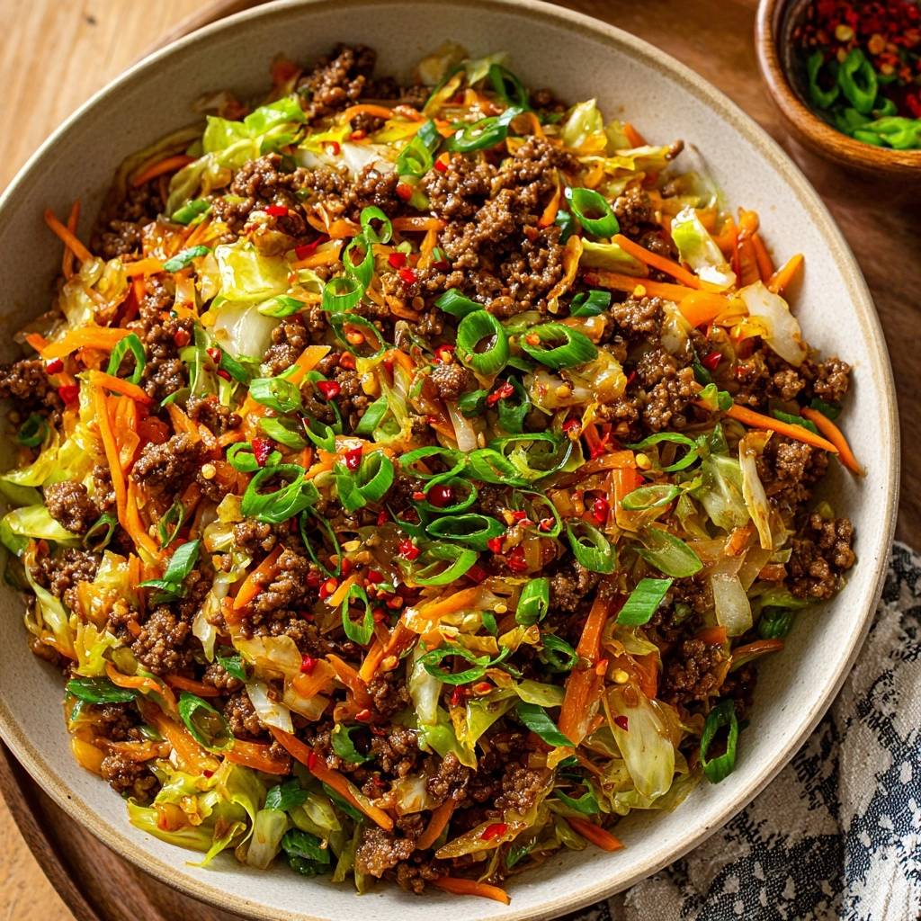 Asiatische Chinakohl-Hack-Pfanne mit Frühlingszwiebeln und Chili, garniert von oben gesehen
