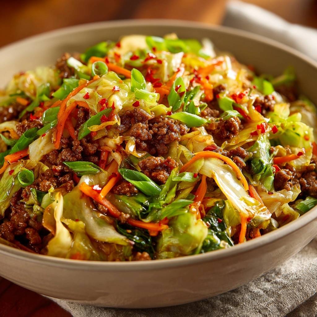 Asiatische Chinakohl Hack Pfanne Nahaufnahme 1 Asiatische Chinakohl-Hack-Pfanne mit Karotten und Frühlingszwiebeln als Nahaufnahme mit Chilis.