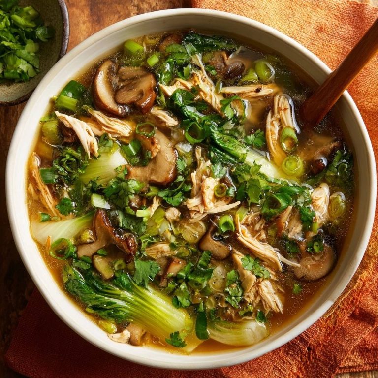 Asiatische Hühnersuppe mit Shiitake und Bok Choy, serviert in einer Schüssel mit einer Holzkelle, nahaufnahme.