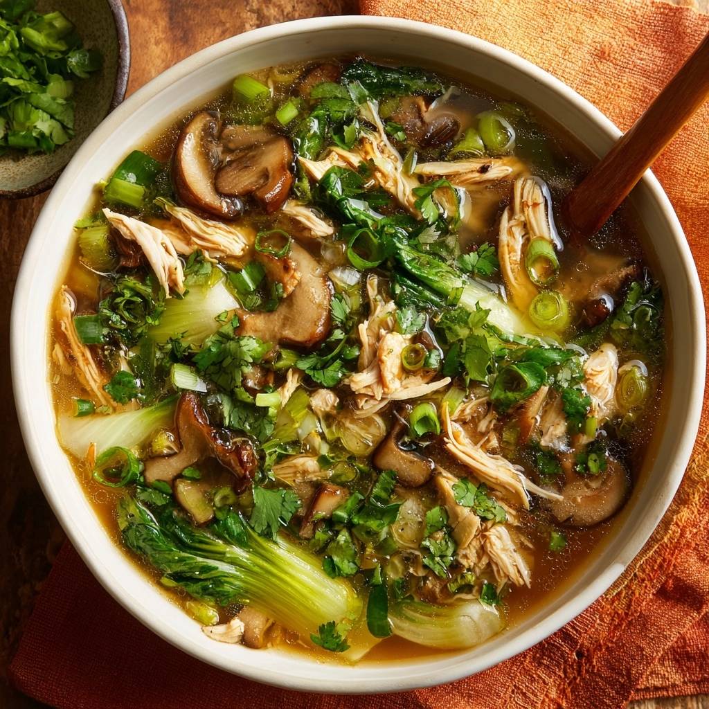 Asiatische Hühnersuppe mit Shiitake und Bok Choy, serviert in einer Schüssel mit einer Holzkelle, nahaufnahme.