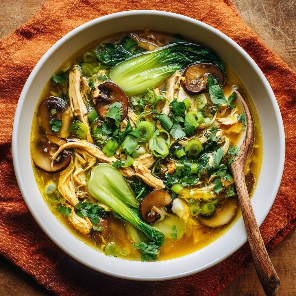 Asiatische Hühnersuppe mit Shiitake und Bok Choy, eine Nahaufnahme mit frischer Garnitur aus Frühlingszwiebeln und Koriander.