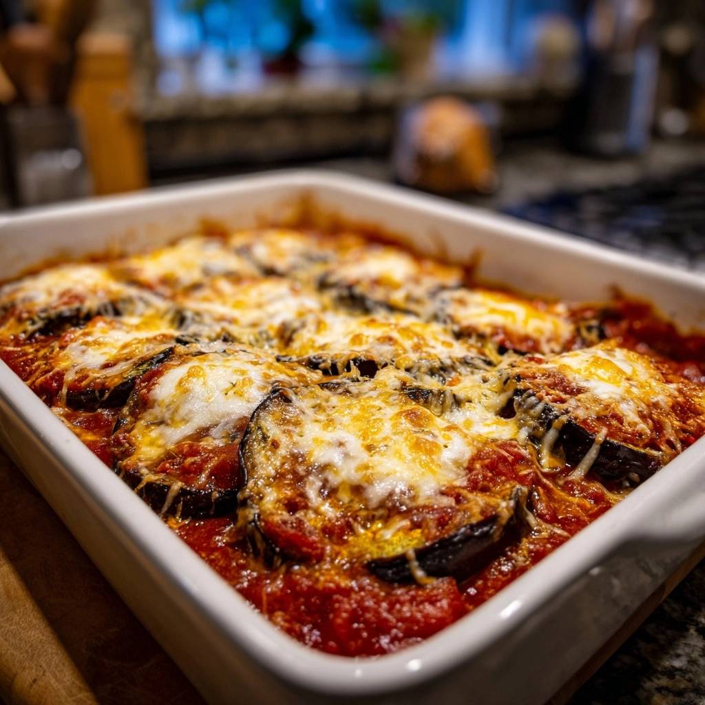Klassische Auberginen Parmigiana im Backblech, überbacken mit geschmolzenem Käse und tomatiger Sauce.